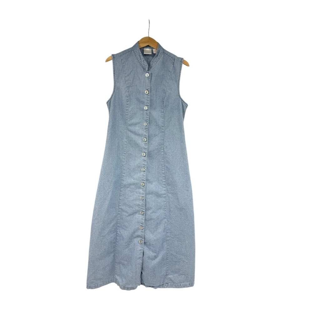 VTG Denim Button Front Midi Dress Teacher French Clean Girl Modest Cotton Sz 12‎
